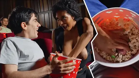 Public interracial in the cinema with an dark-hued