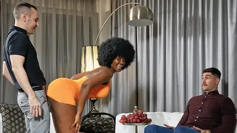 Dark-hued hotty on her knees gives husband's boss a bj