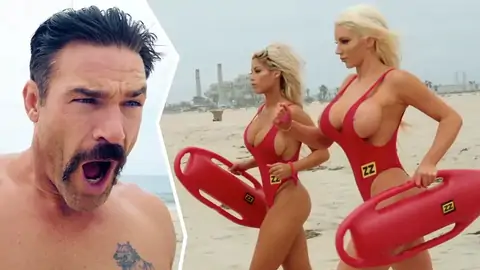 two platinum-blonde gals are working as uniformed lifeguards