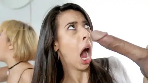 Black-haired and a light-haired are sharing stiff-ons in a 4some