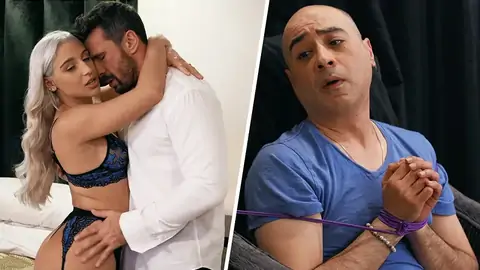 Man with strapped mitts is attempting to plow a platinum-platinum-blond woman