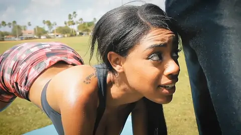 Hard ripped dark-hued is encountered outdoor and she is seduced