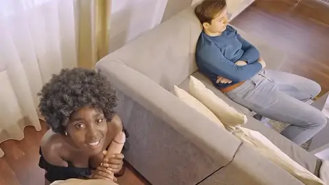 Dark-hued cutie with bouncy booty ravages while beau sleeps